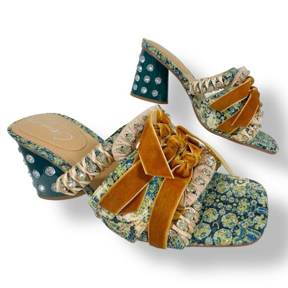 Circus NY Vera Mule Fabric Teal Rhinestone Velvet Bow Heel Sz 9 Boho Maximalist - Picture 2 of 10
